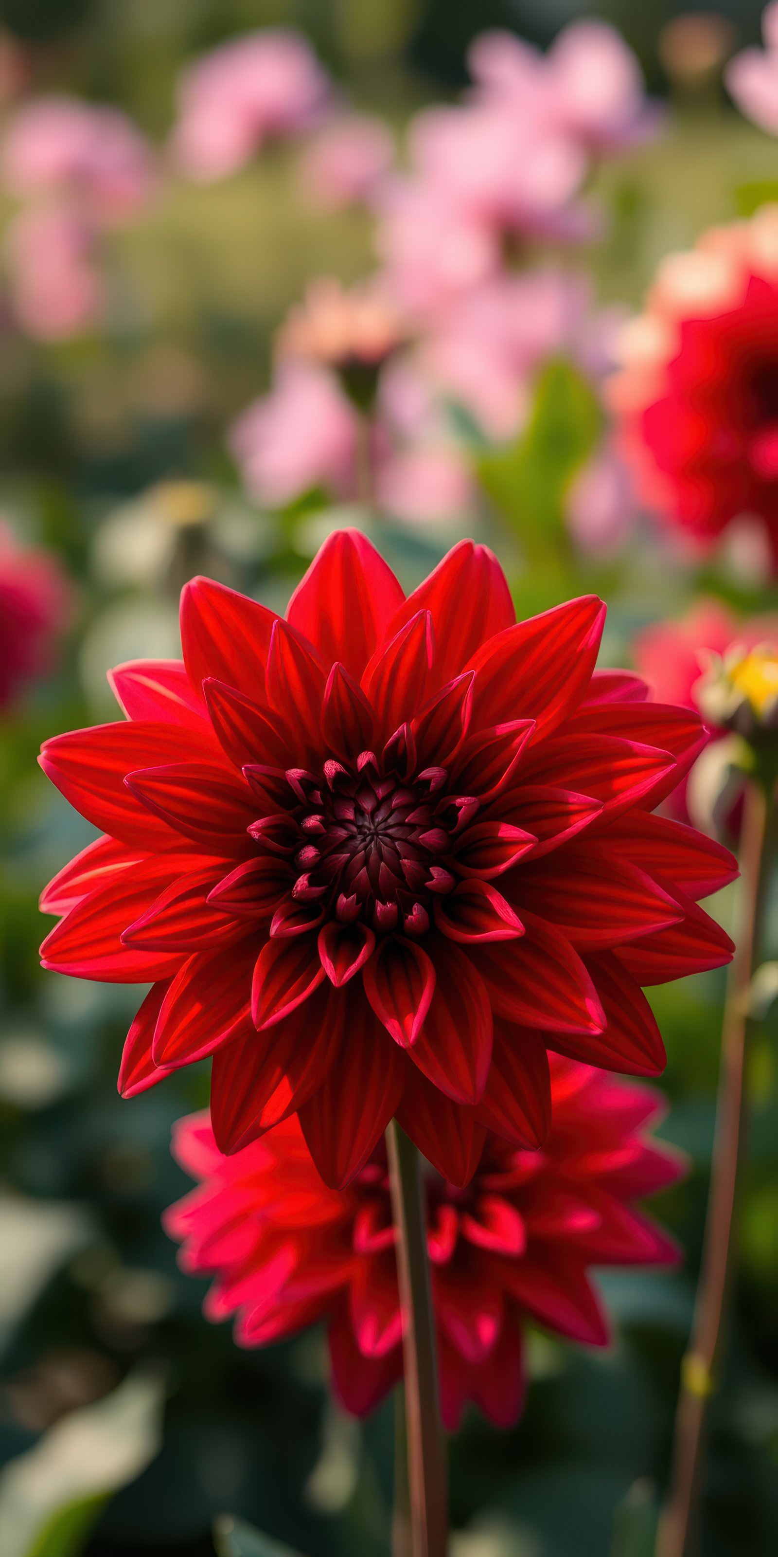 Vibrant red dahlia bloom surrounded by softly blurred garden flowers in a sunny setting